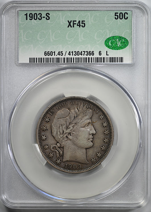 1903-S Barber Half Dollar 50C CAC XF45 Obverse Slab