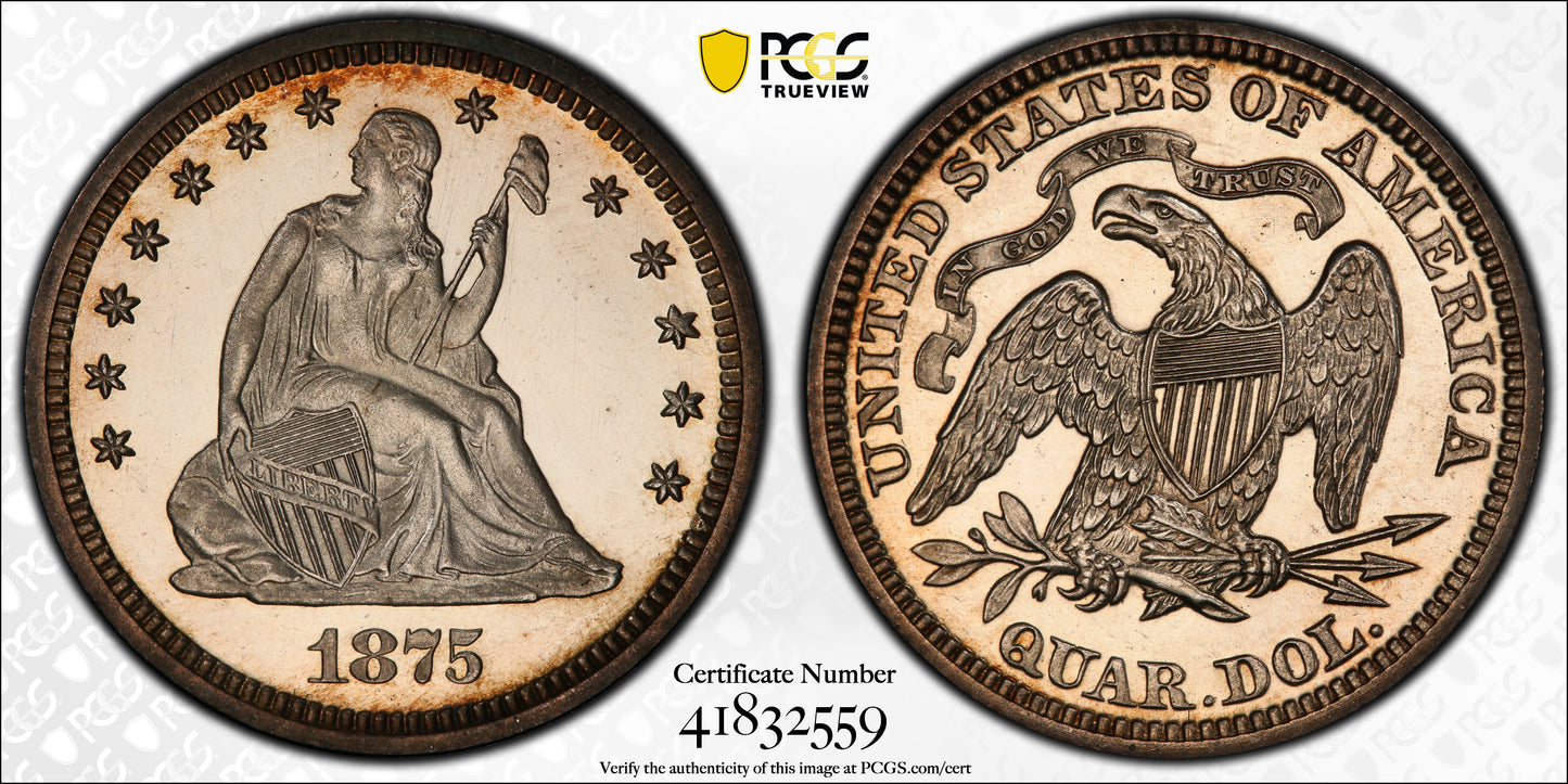 1875 Proof Liberty Seated Quarter 25C PCGS PR63+ CAMEO CAC Trueview