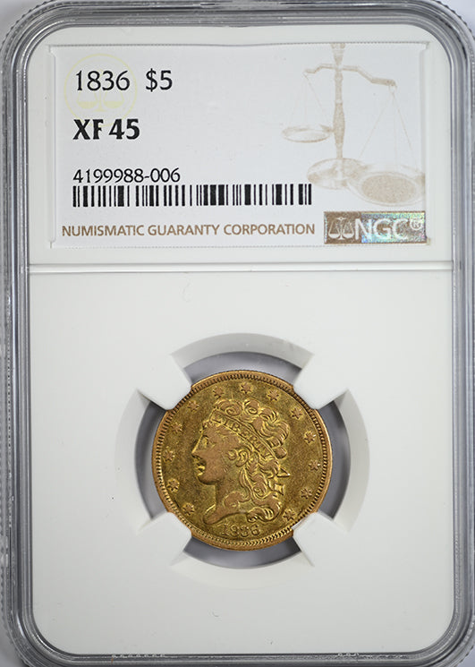 1836 Classic Head Gold Half Eagle $5 NGC XF45 Obverse Slab