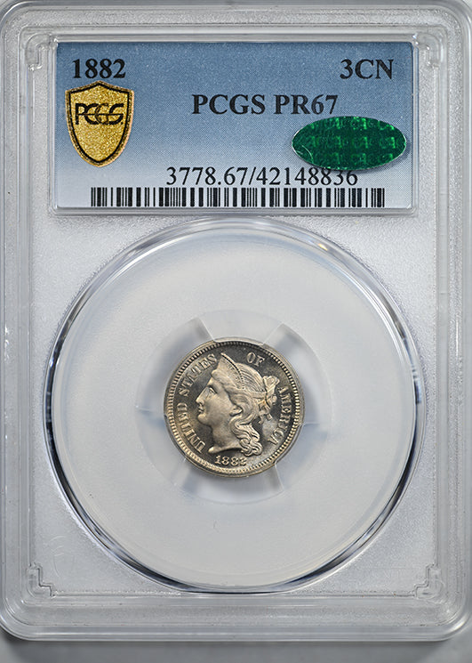 1882 Proof Three Cent Nickel Piece 3CN PCGS PR67 CAC Obverse Slab