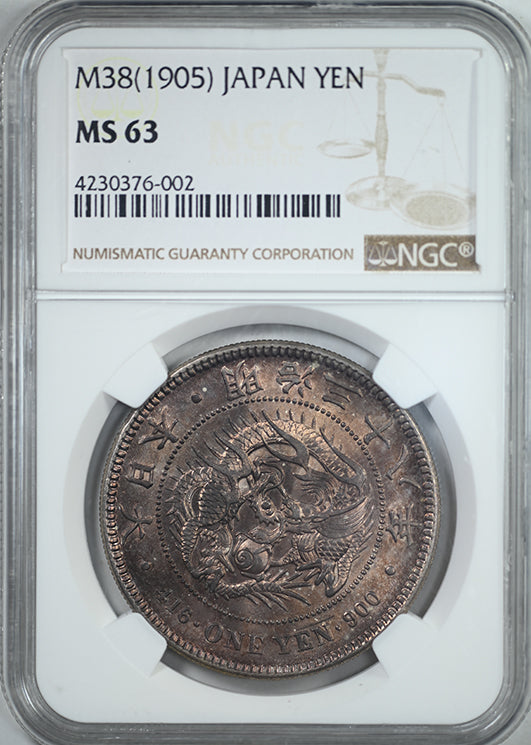 M38 (1905) Japan Silver Yen NGC MS63 - TONED!