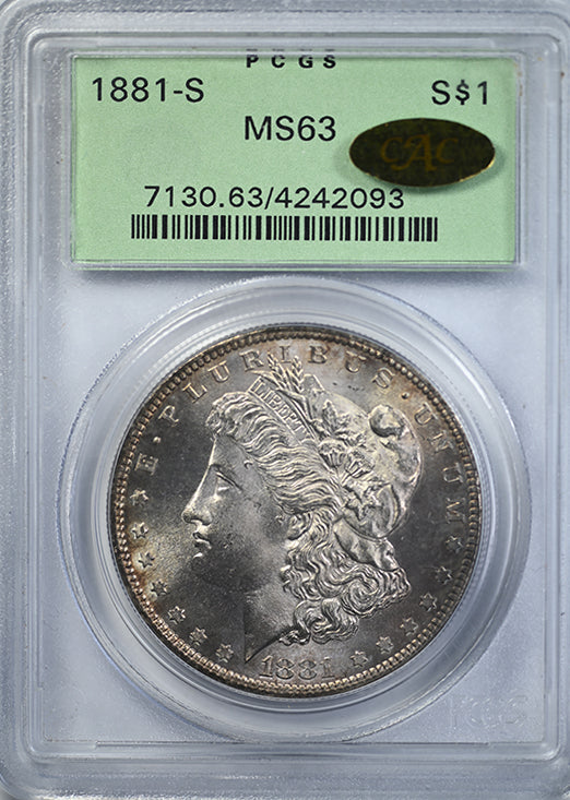 1881-S Morgan Dollar $1 PCGS MS63 Gold CAC OGH Obverse Slab