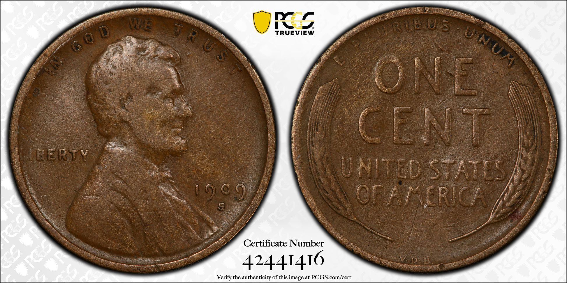 1909-S VDB Lincoln Wheat Cent 1C PCGS F15 Trueview