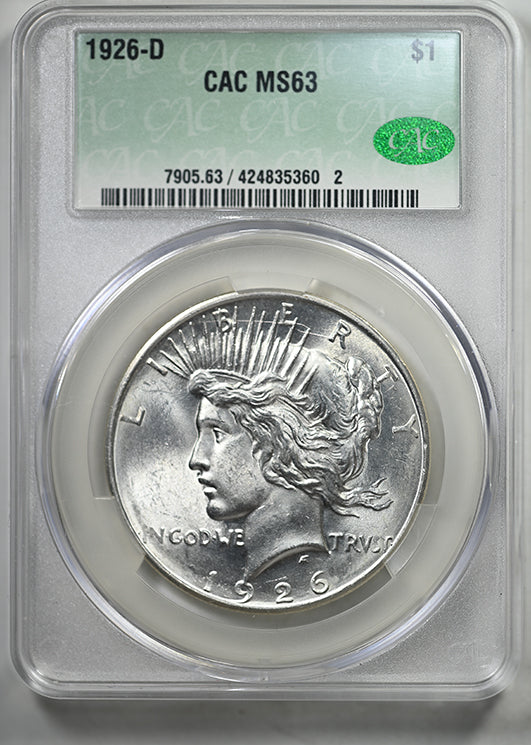 1926-D Peace Dollar $1 CAC MS63