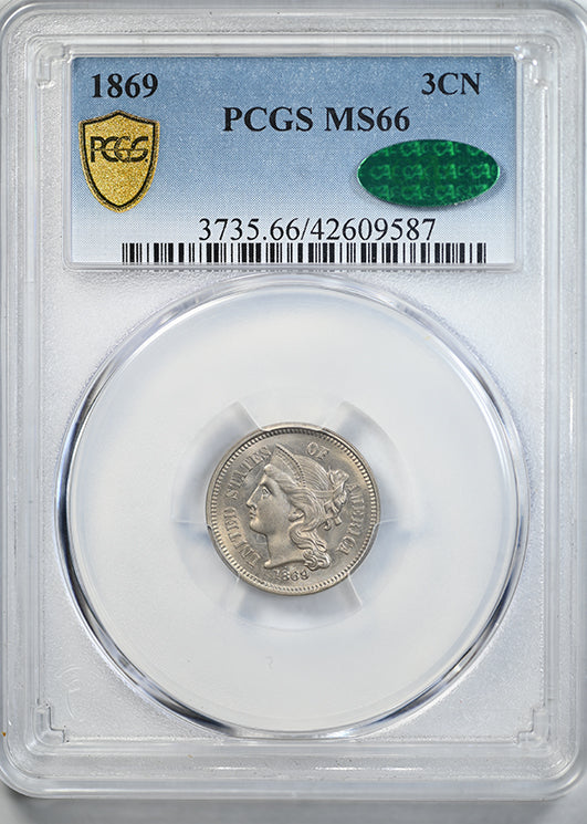1869 Three Cent Nickel Piece 3CN PCGS MS66 CAC