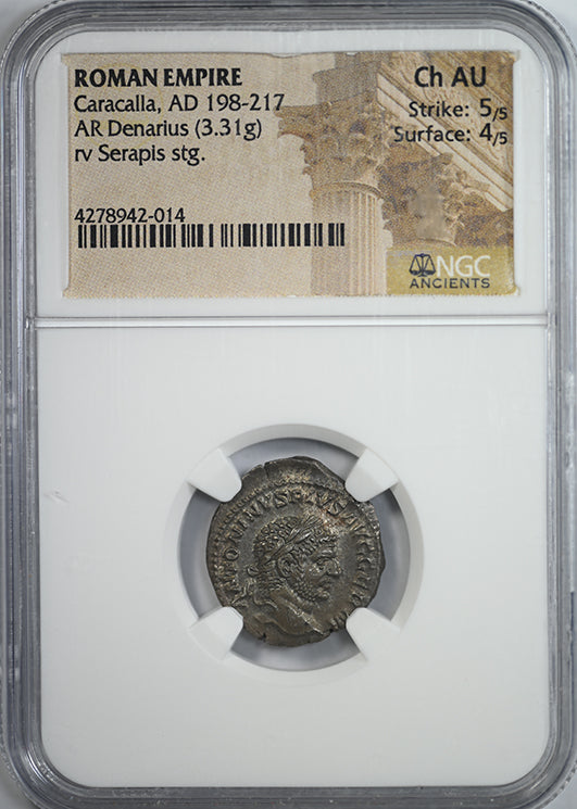 AD 198-217 Roman Empire Caracalla AR Denarius NGC Ancients Choice AU Obverse Slab