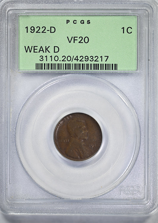 1922-D Lincoln Wheat Cent 1C PCGS VF20 OGH - Weak D