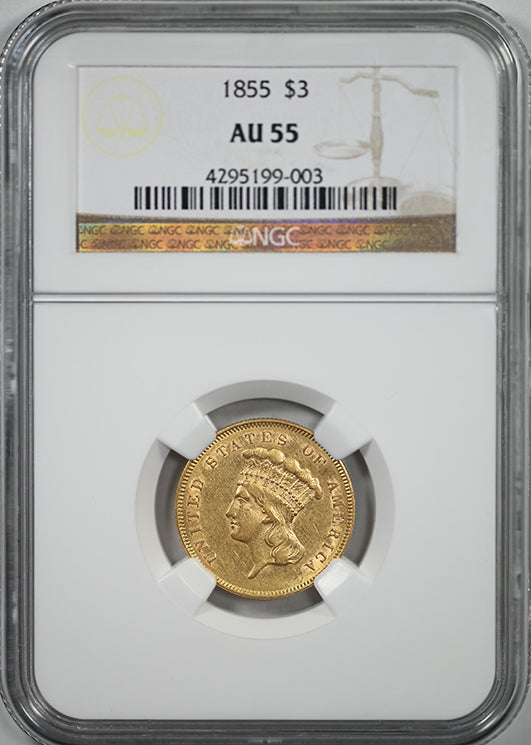 1855 Indian Princess Gold Three Dollar Piece $3 NGC AU55