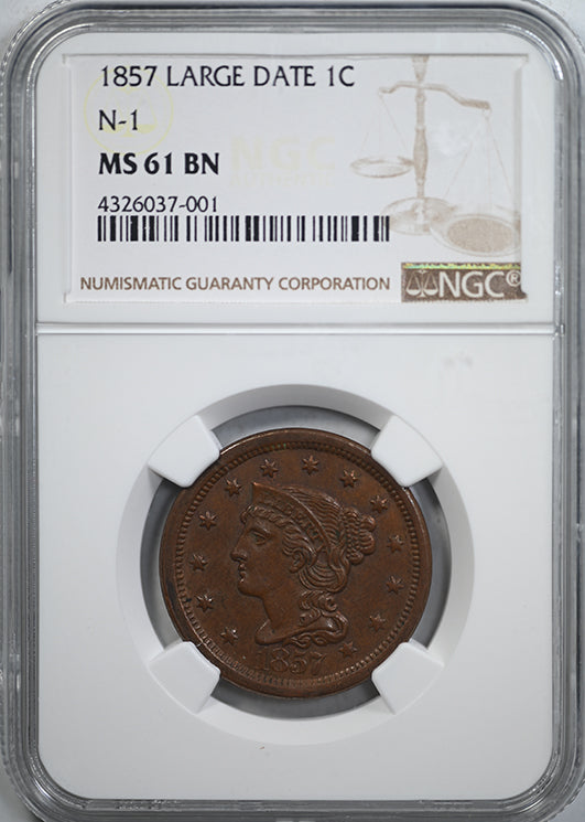 1857 Large Date Liberty Head Braided Hair Large Cent 1C NGC MS61BN N-1 Obverse Slab