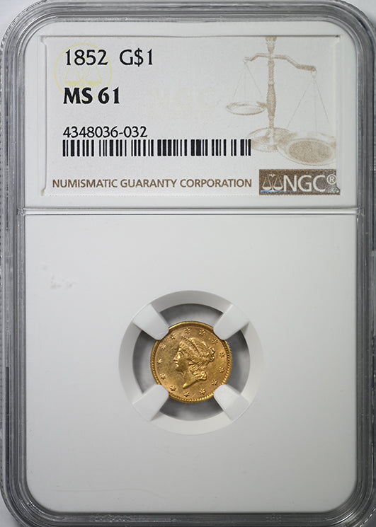 1852 Type 1 Liberty Head Gold Dollar G$1 NGC MS61 Obverse Slab