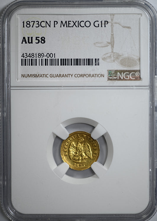 1873CN P Mexico Gold Peso G1P NGC AU58 Obverse Slab