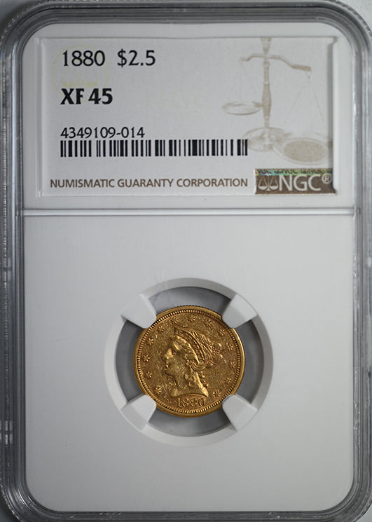 1880 Liberty Head Gold Quarter Eagle $2.50 NGC XF45 Obverse Slab