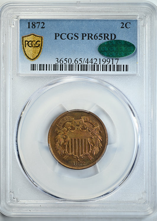 1872 Proof Two Cent Piece PCGS PR65RD CAC Obverse Slab