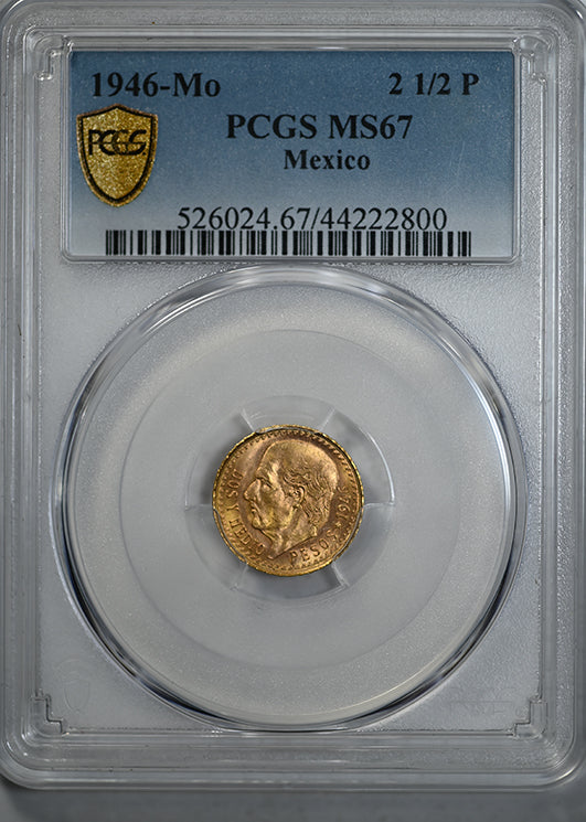 1946-Mo Mexico Gold Dos y Medio Pesos 2 1/2P PCGS MS67 Obverse Slab