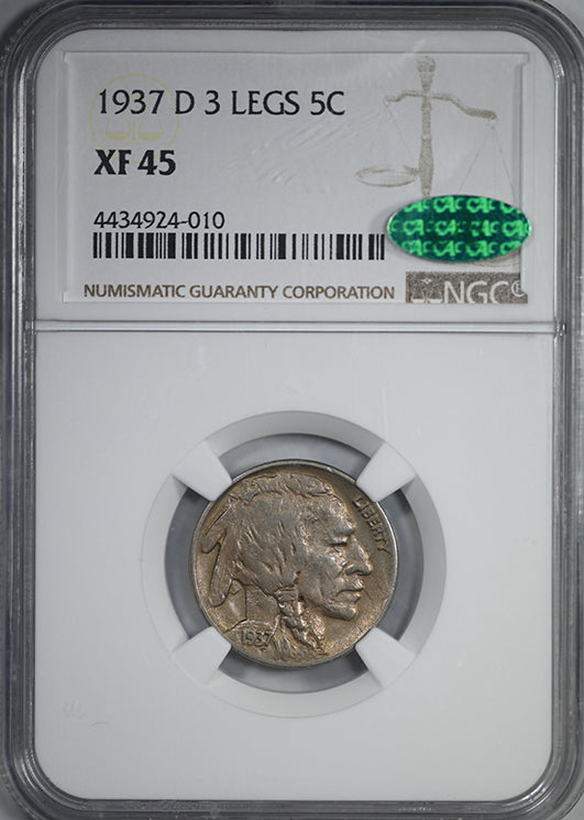 1937-D Buffalo Nickel 5C NGC XF45 CAC - 3 Legs