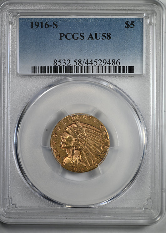 1916-S Indian Head Gold Half Eagle $5 PCGS AU58