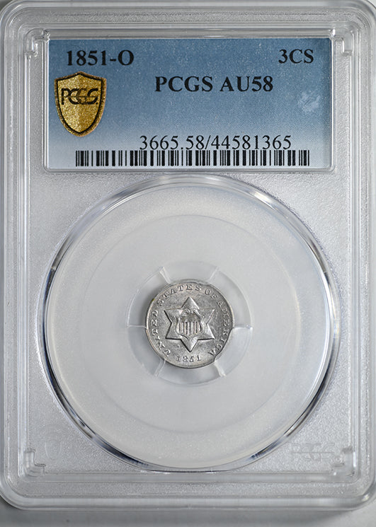 1851-O Three Cent Silver Piece 3CS PCGS AU58 Obverse Slab