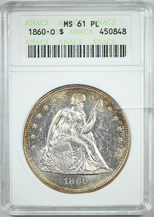 1860-O Liberty Seated Dollar $1 ANACS Soapbox MS61PL - Prooflike