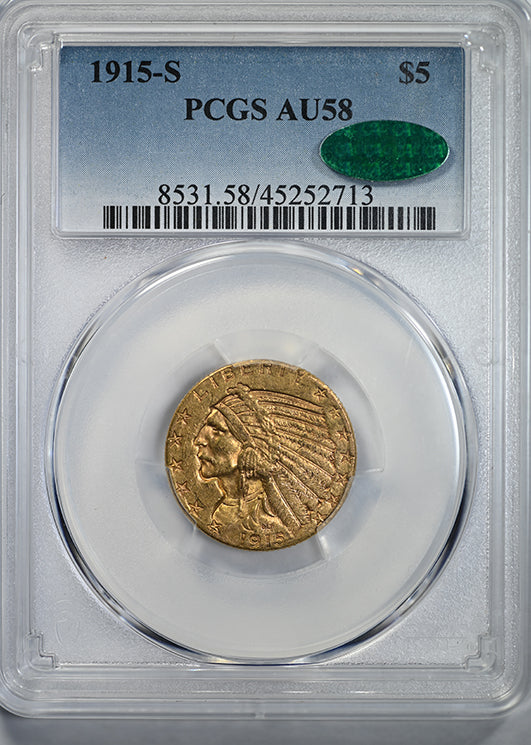 1915-S Indian Head Gold Half Eagle $5 PCGS AU58 CAC Obverse Slab