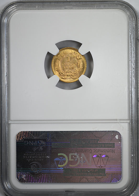 1881 Type 3 Indian Princess Head Gold Dollar G$1 NGC MS65 Reverse Slab