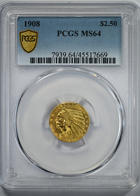 1908 Indian Head Gold Quarter Eagle $2.50 PCGS MS64 Obverse Slab