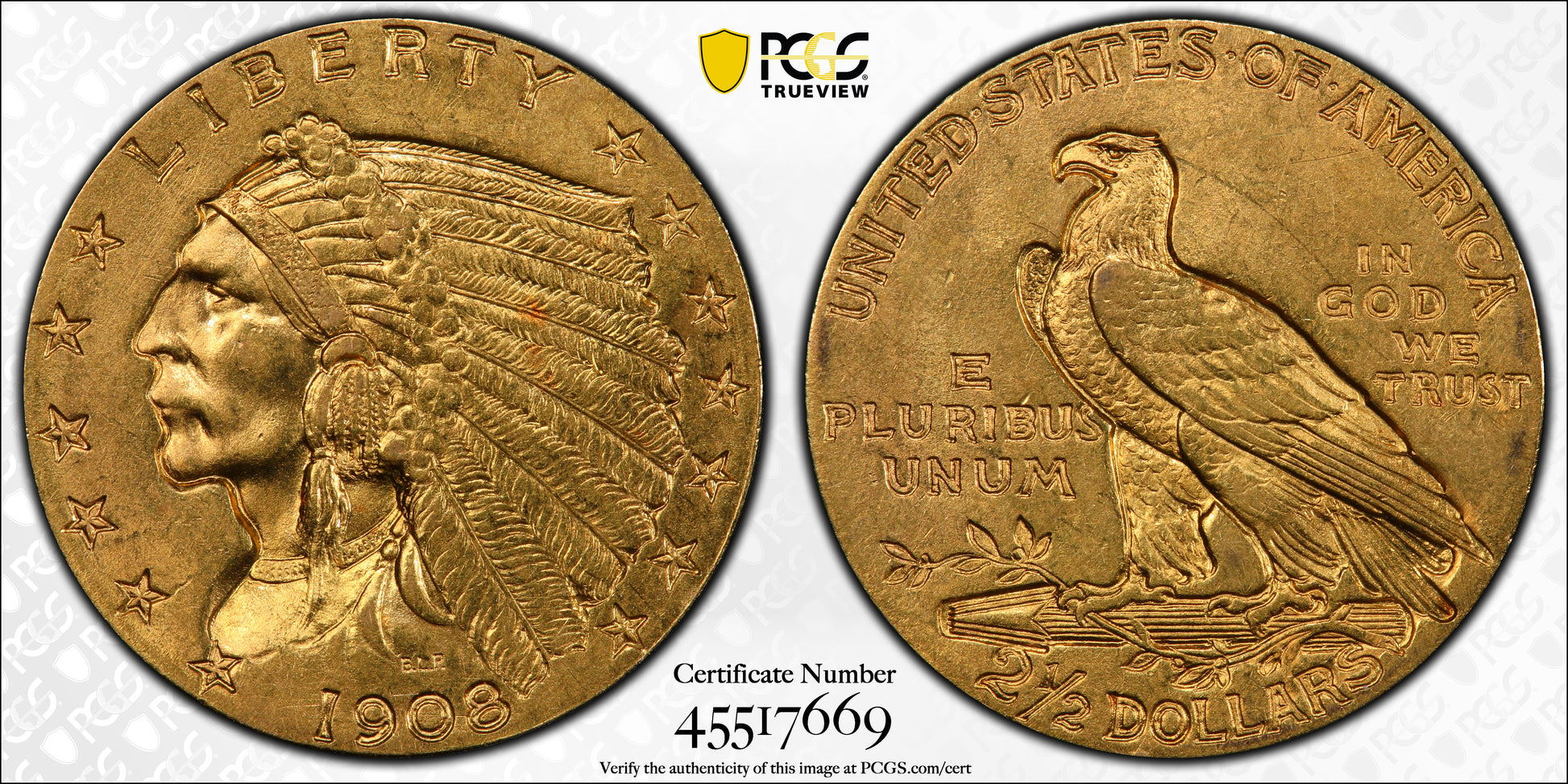 1908 Indian Head Gold Quarter Eagle $2.50 PCGS MS64 Trueview