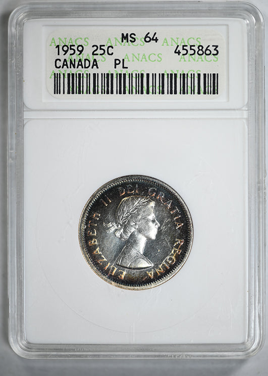 1959 Canada 25C Cents ANACS Soapbox MS64PL Prooflike - TONED!