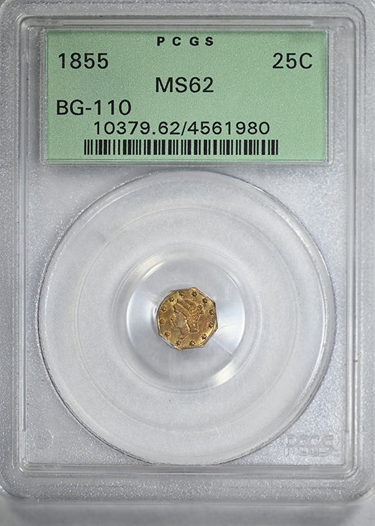 1855 Octagonal California Fractional Gold Liberty Head 1/4 Dollar G25C PCGS MS62 BG-110 OGH