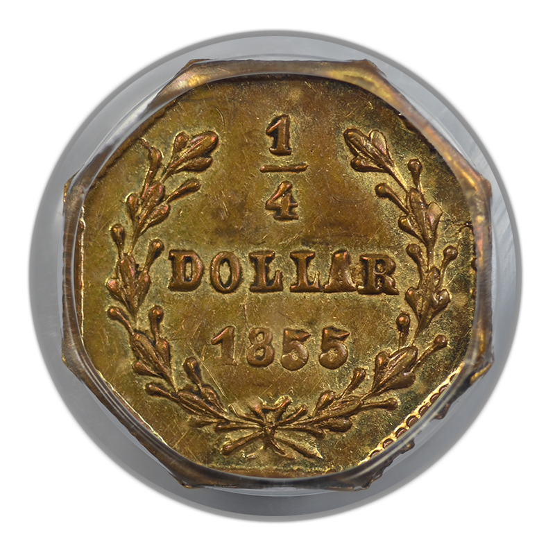 1855 Octagonal California Fractional Gold Liberty Head 1/4 Dollar G25C PCGS MS62 BG-110 OGH