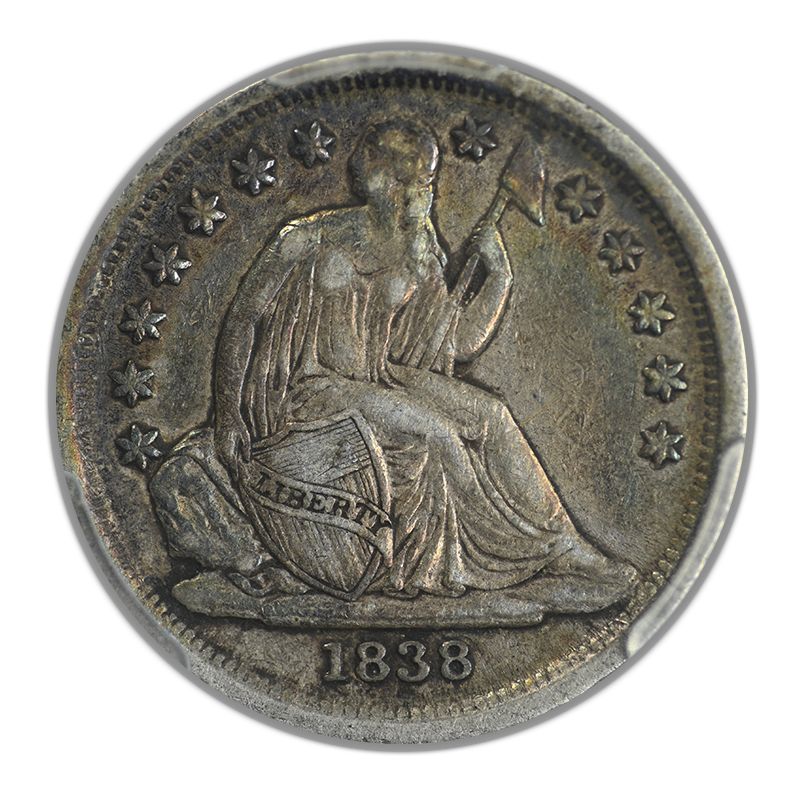 1838 Liberty Seated Dime 10C PCGS VF35 CAC - No Drapery, Large Stars Obverse