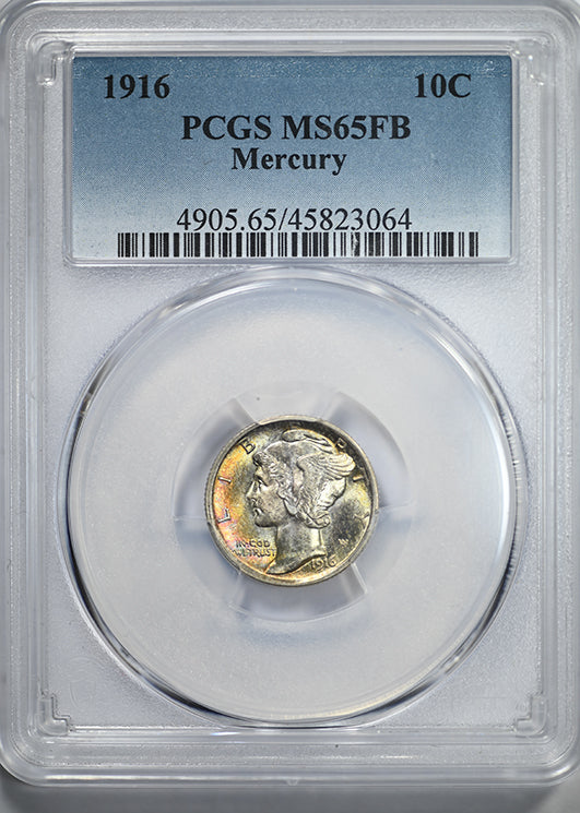 1916 Mercury Dime 10C PCGS MS65FB Full Bands - TONED!