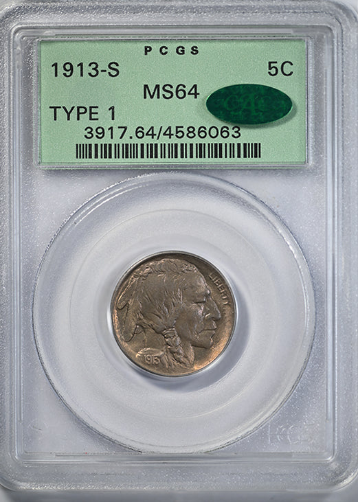 1913-S Type 1 Buffalo Nickel 5C PCGS MS64 CAC OGH Obverse Slab