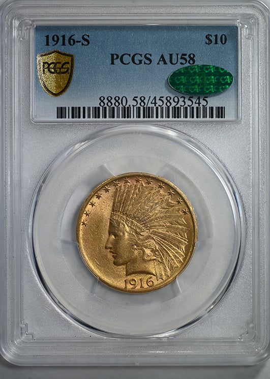 1916-S Indian Head Gold Eagle $10 PCGS AU58 CAC Obverse Slab