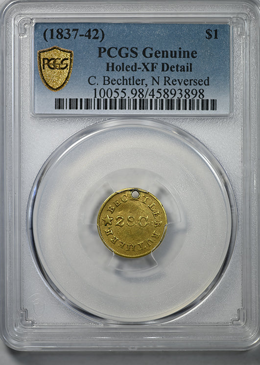 (1837-42) C. Bechtler $1 Gold PCGS Genuine - Holed, XF Detail - N Reversed Obverse Slab