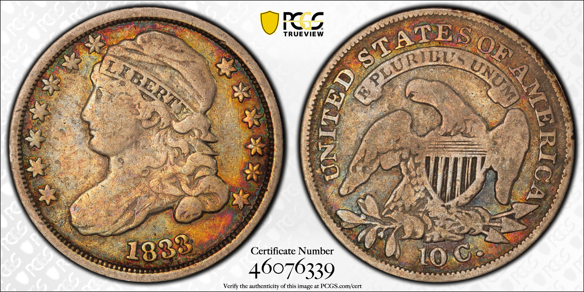 1833 Capped Bust Dime 10C PCGS F12 - TONED! Trueview