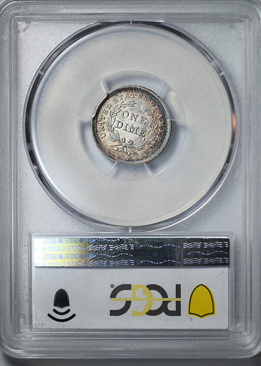 1838 Liberty Seated Dime 10C PCGS AU55 - No Drapery, Large Stars - TONED!