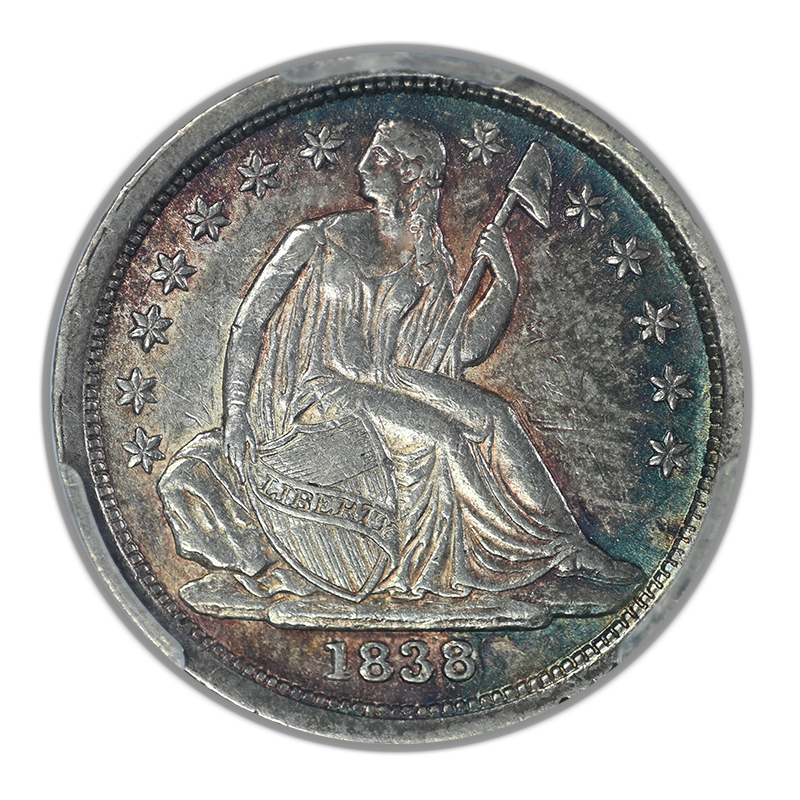 1838 Liberty Seated Dime 10C PCGS AU55 - No Drapery, Large Stars - TONED!