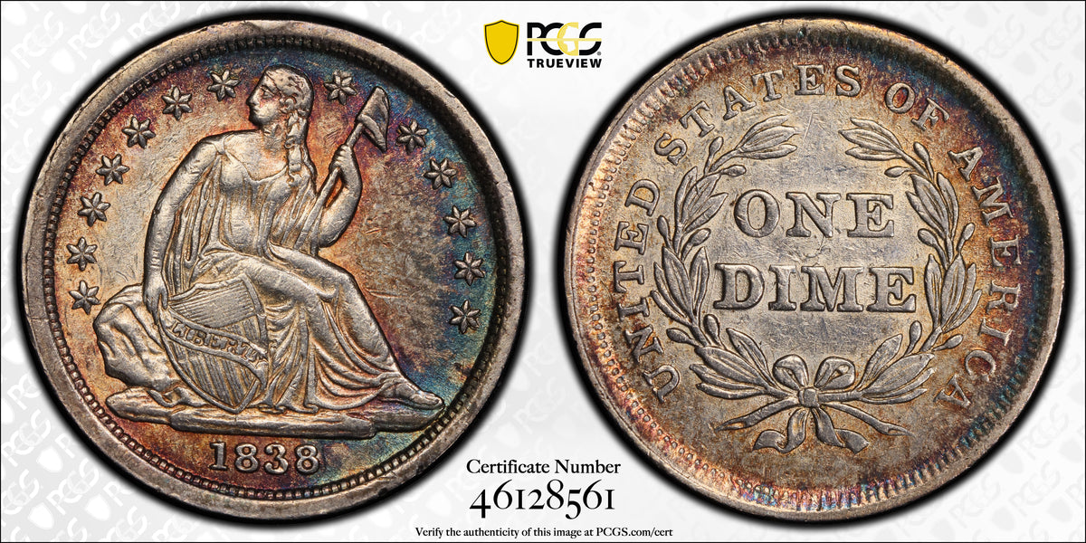 1838 Liberty Seated Dime 10C PCGS AU55 - No Drapery, Large Stars - TONED!