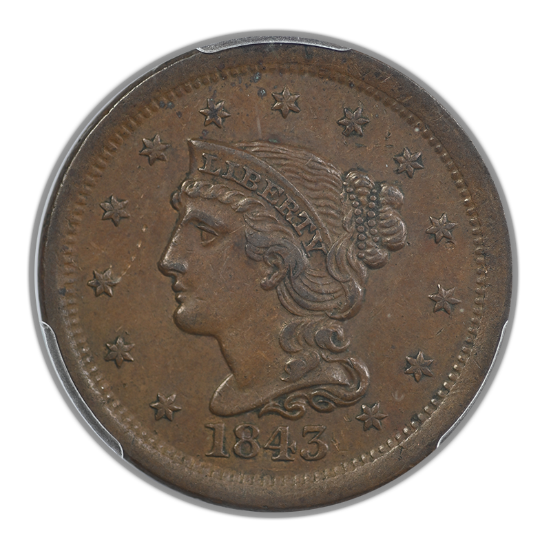 1843 Braided Hair Liberty Head Large Cent 1C PCGS AU55 - Mature Head Obverse