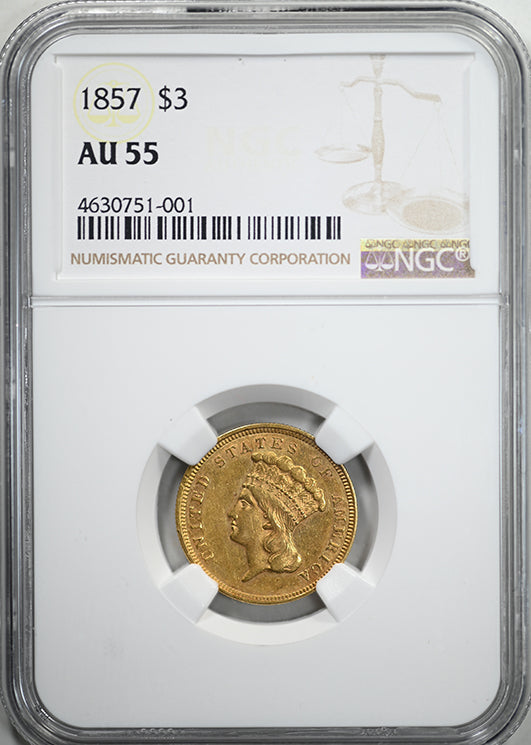 1857 Indian Princess Gold Three Dollar Piece $3 NGC AU55