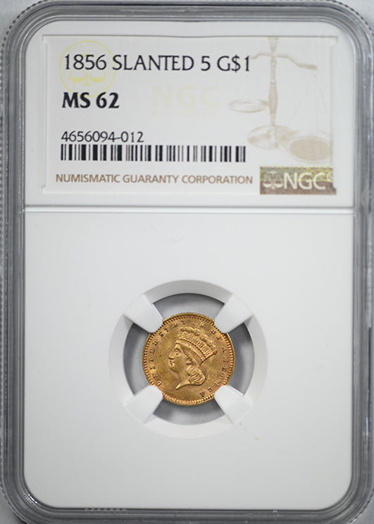 1856 Type 3 Indian Princess Head Gold Dollar G$1 NGC MS62 - Slanted 5