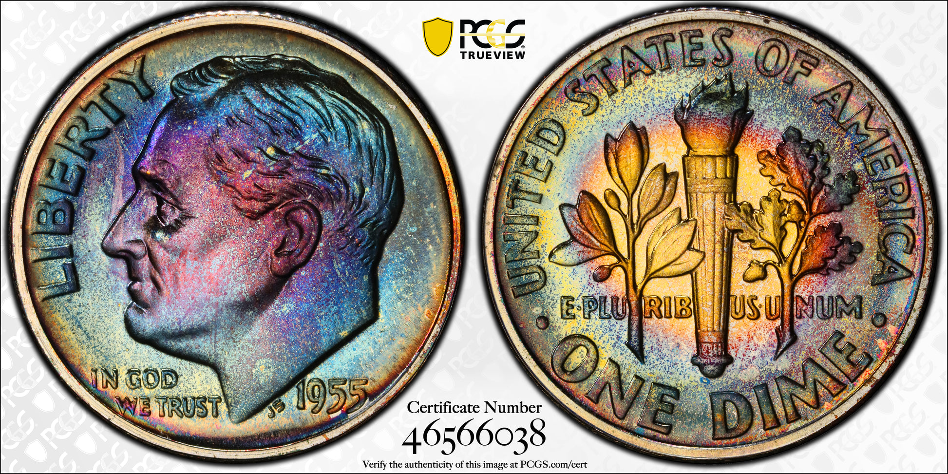 1955 Proof Roosevelt Dime 10C PCGS PR67 - RAINBOW TONED!