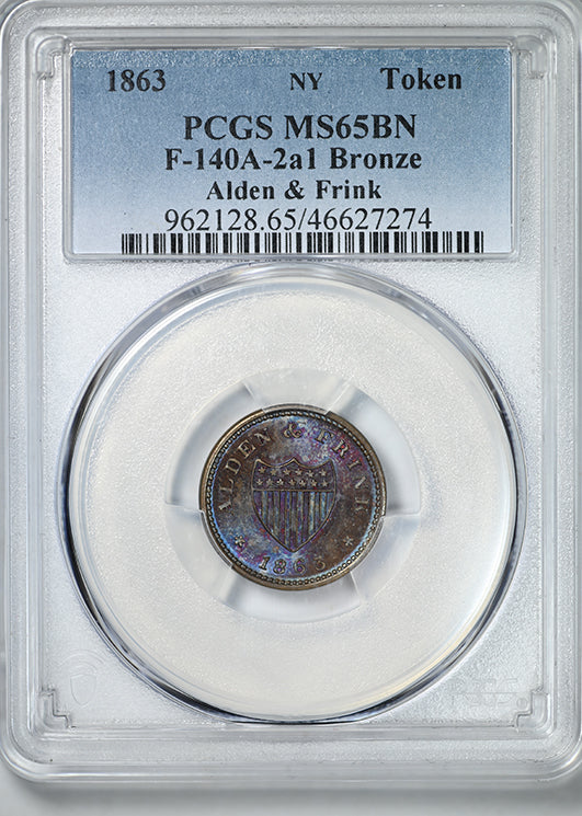 1863 New York Civil War Token Alden & Frank PCGS MS65BN F-140A-2a1 Bronze - TONED!