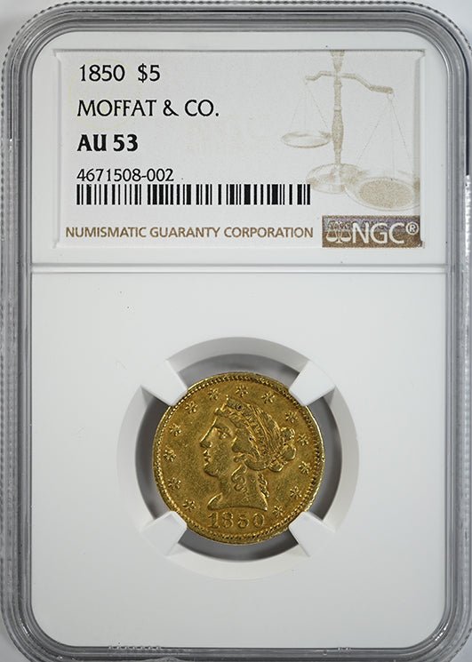 1850 Moffat & Co. California Gold $5 NGC AU53