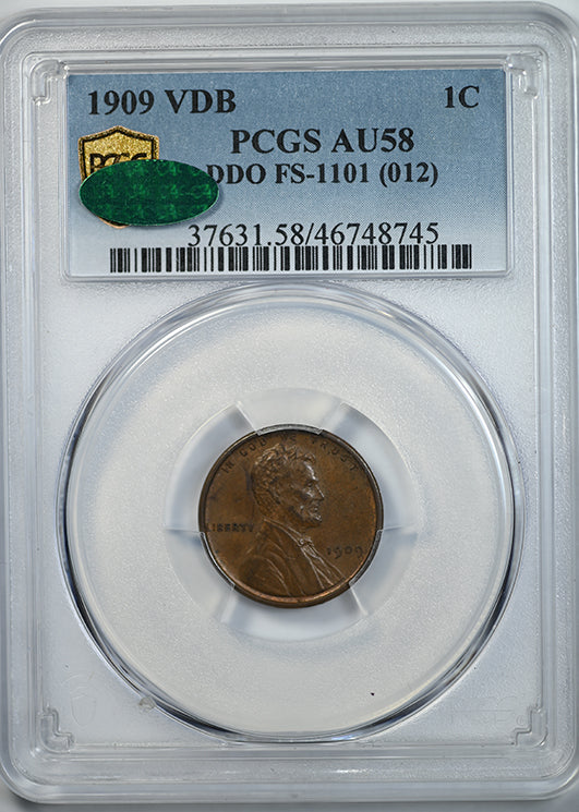 1909 VDB Double Die Obverse Lincoln Wheat Cent 1C PCGS AU58 CAC DDO FS-1101 (012) Obverse Slab