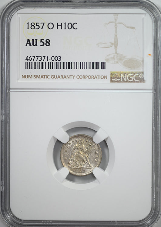 1857-O Liberty Seated Half Dime H10C NGC AU58