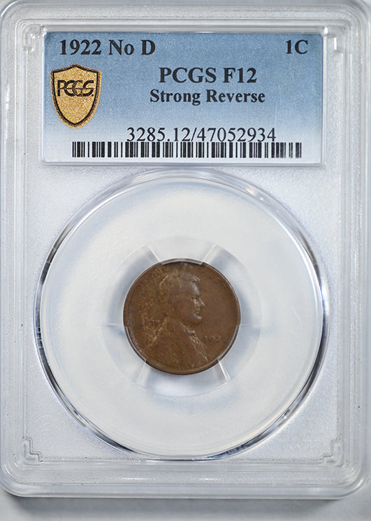 1922 No D Lincoln Wheat Cent 1C PCGS F12 - Strong Reverse
