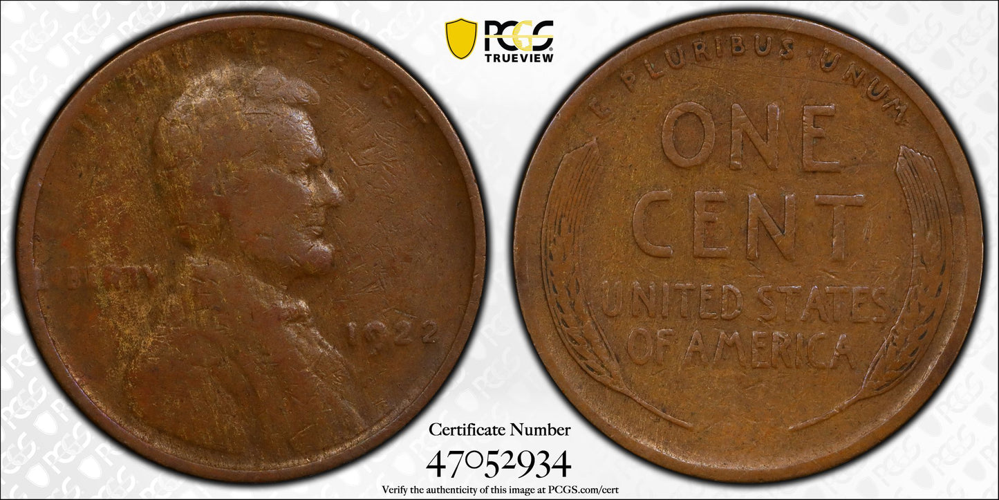 1922 No D Lincoln Wheat Cent 1C PCGS F12 - Strong Reverse