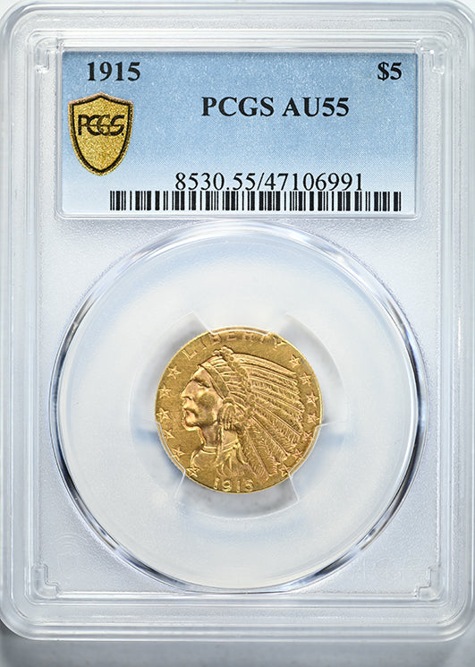 1915 Indian Head Gold Half Eagle $5 PCGS AU55 Obverse Slab