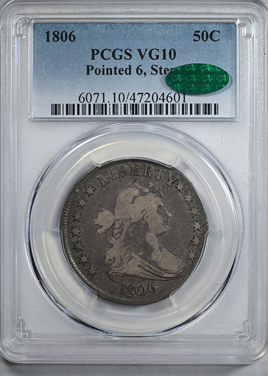 1806 Draped Bust Half Dollar 50C PCGS VG10 CAC - Pointed 6, Stem Obverse Slab